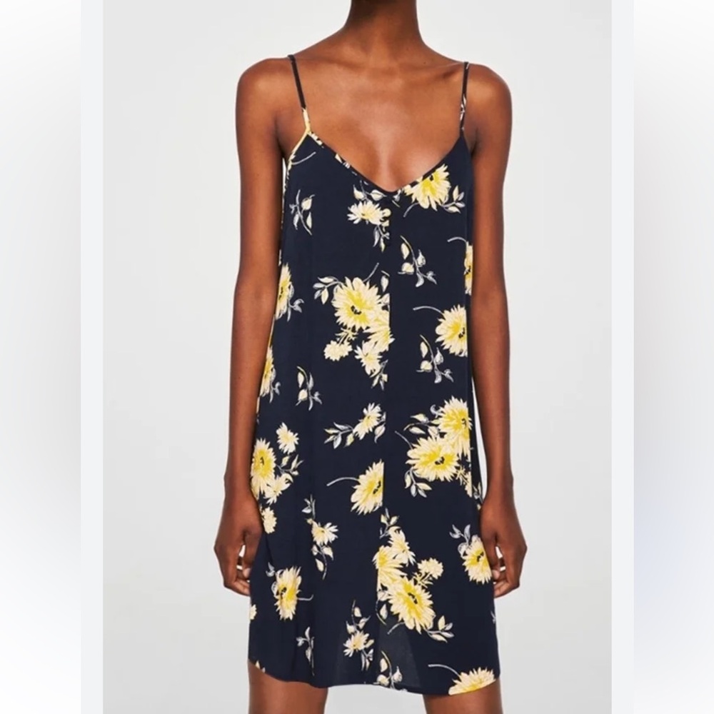 MANGO Women Navy Blue Floral Print A-Line Dress Sz 8